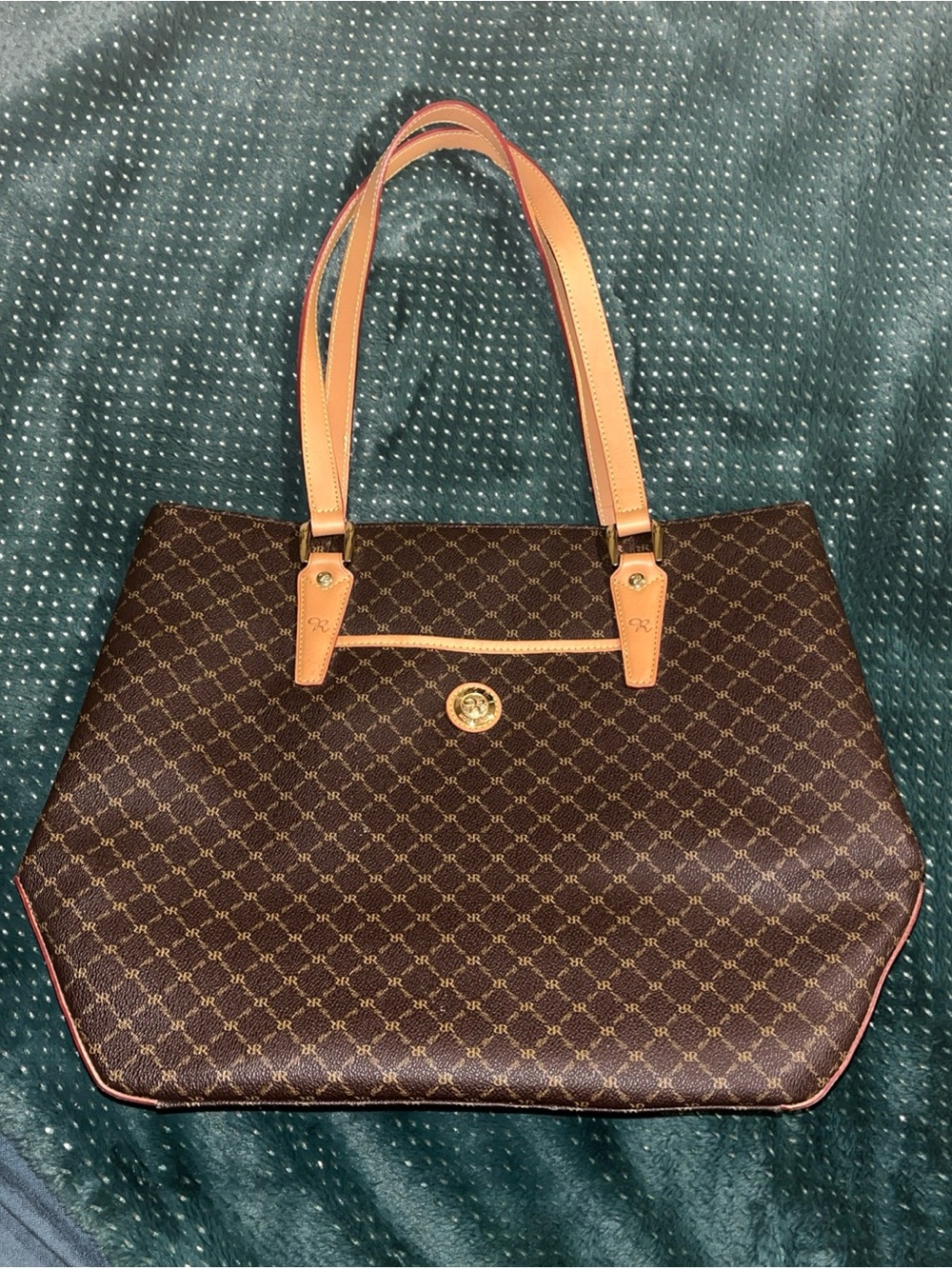 Rioni Brown Patterned Tote with Tan Handles
